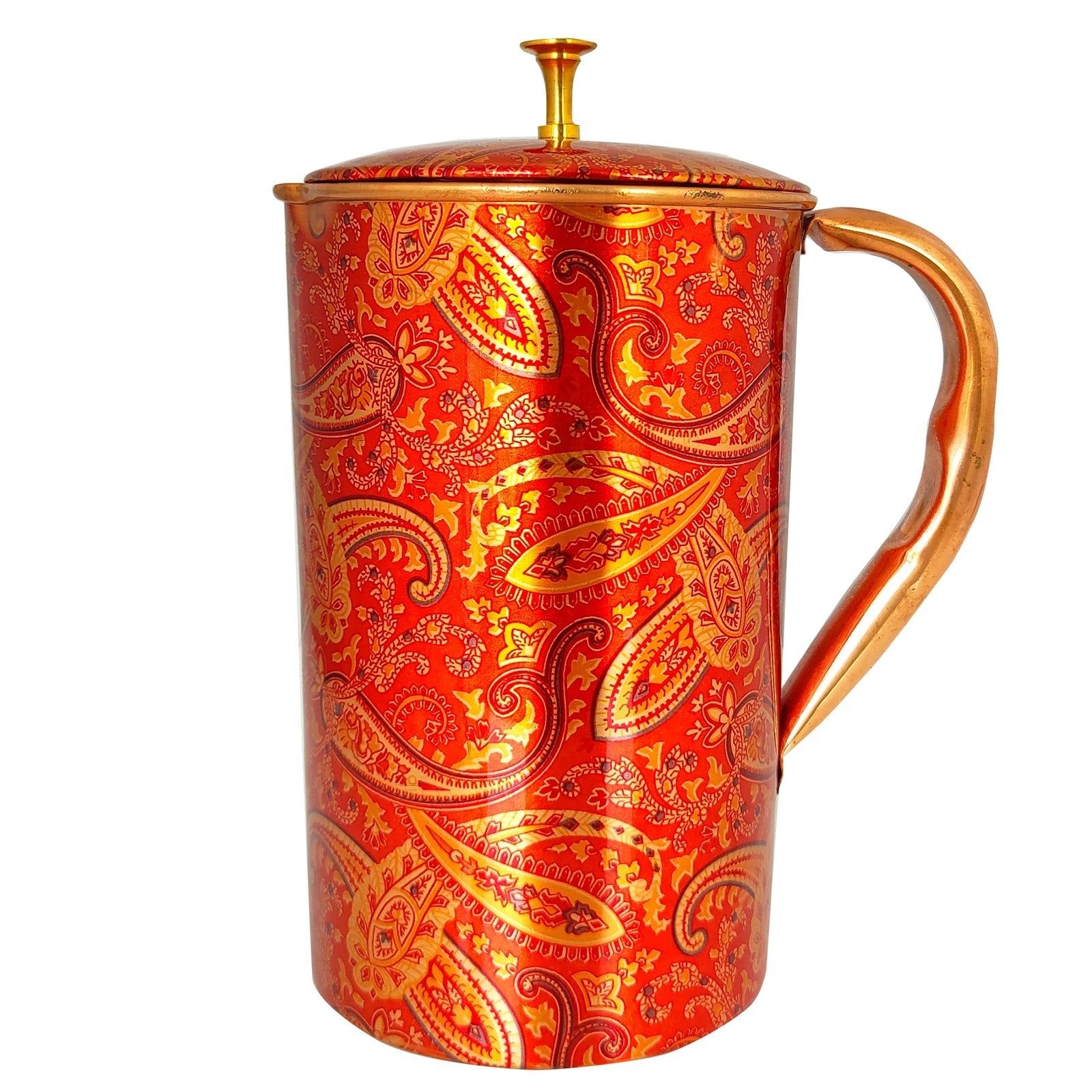 Pure copper paisley printed design jug with brass knob on lid paisley, 1500 ML